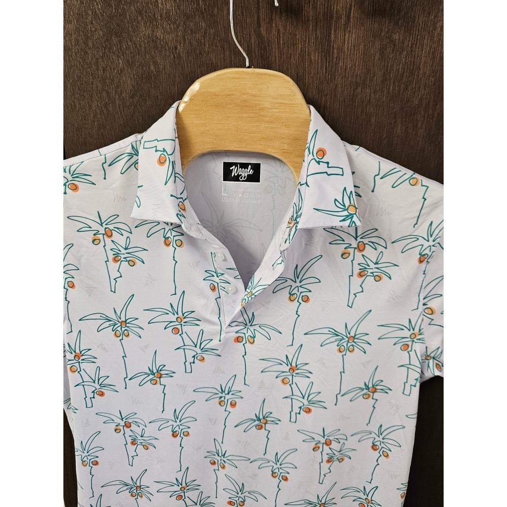 Waggle Golf Polo Mens Large White Palm Tree Print Short Sleeve Performance Shirt - Picture 7 of 8